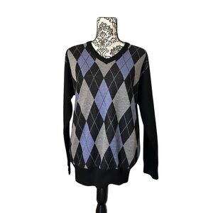Burnside V-Neck Sweater Black and Blue Argyle